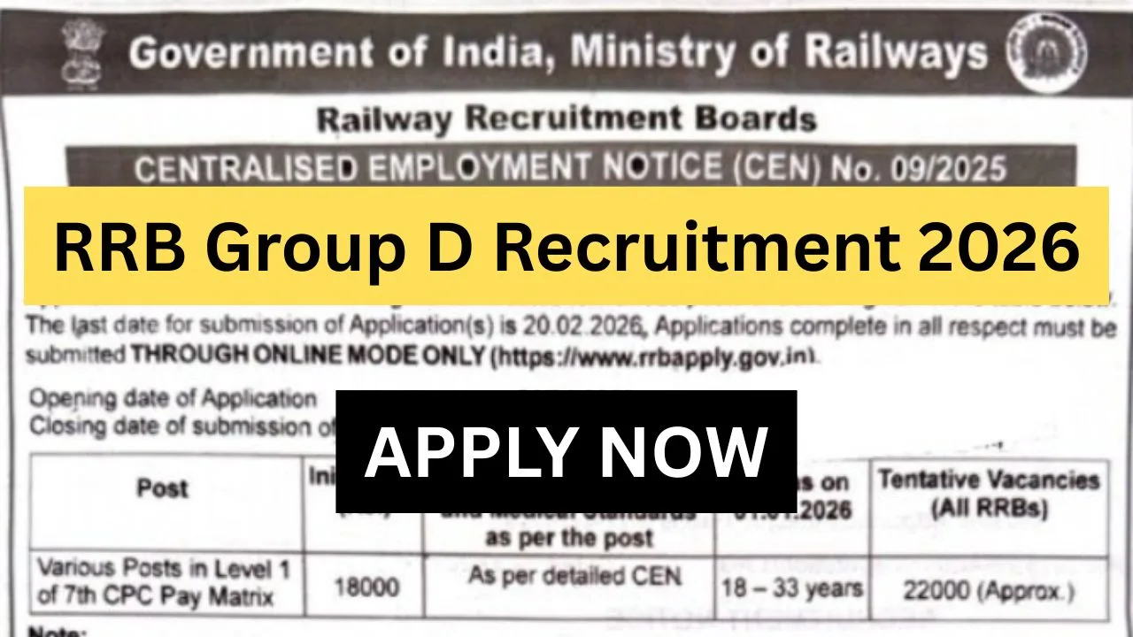 RRB Group D Recruitment 2026 > 22000 Vacancies, Exam Stages and Online Application Window